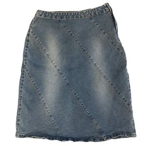 H&M Womens Y2K Denim Paneled Skirt Diagonal Seam Distressed Patchwork Sz 4 Blue